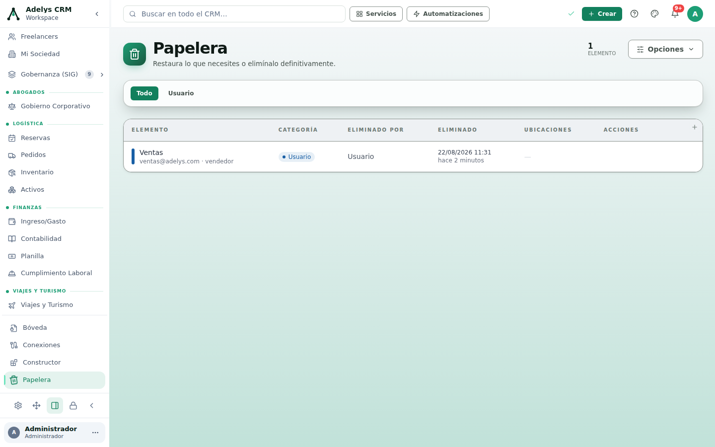 Módulo Papelera con un elemento: encabezado con la cifra 1 ELEMENTO y el botón Opciones, la barra de filtros con Todo y Usuario, y la tabla con las columnas Elemento, Categoría, Eliminado por, Eliminado, Ubicaciones y Acciones; la fila muestra el usuario Ventas eliminado hace dos minutos.