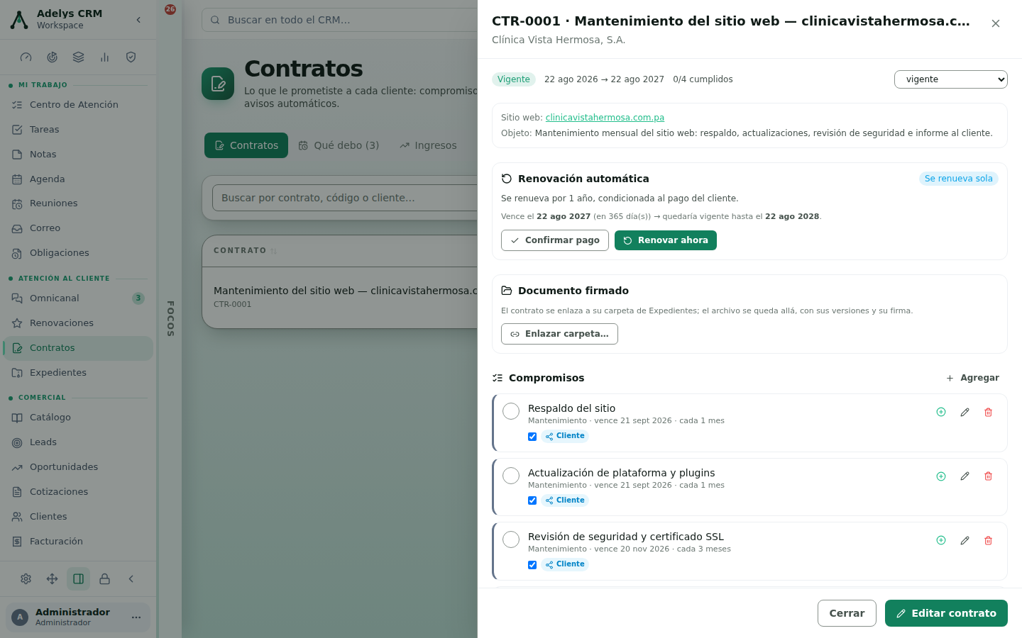 Ficha del contrato CTR-0001 con estado Vigente, vigencia 22 ago 2026 a 22 ago 2027, 0/4 cumplidos, bloque de renovación automática que dice «Se renueva por 1 año, condicionada al pago del cliente» con botones Confirmar pago y Renovar ahora, bloque Documento firmado y los compromisos Respaldo del sitio, Actualización de plataforma y plugins y Revisión de seguridad y certificado SSL