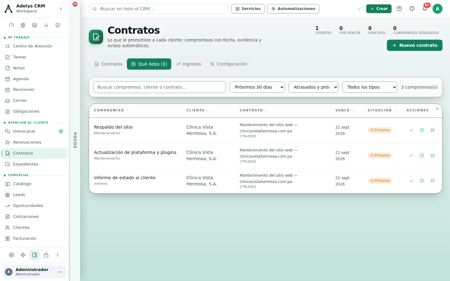 Pestaña «Qué debo (3)» de Contratos con tres compromisos de Clínica Vista Hermosa (Respaldo del sitio, Actualización de plataforma y plugins e Informe de estado al cliente), todos del contrato CTR-0001, con vencimiento 21 sept 2026 y situación Próximo