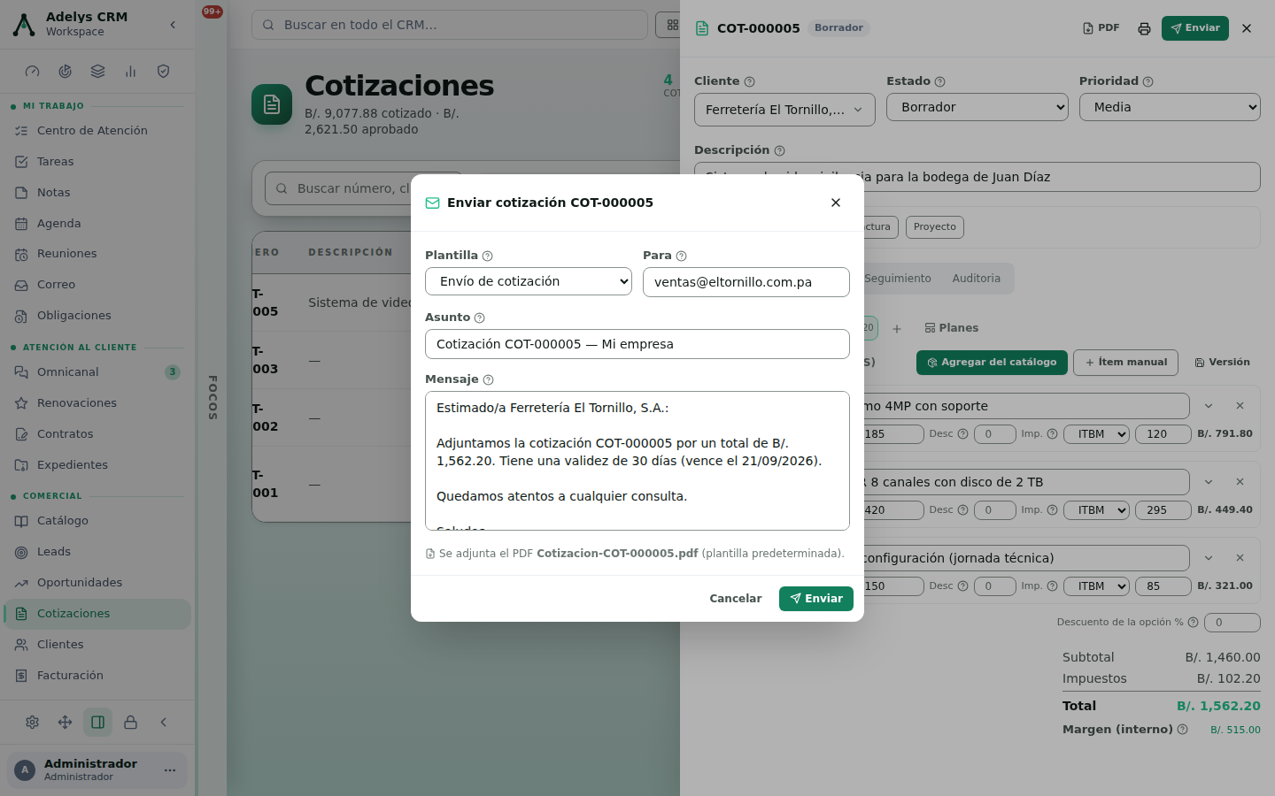 Diálogo Enviar cotización COT-000005 con plantilla «Envío de cotización», destinatario ventas@eltornillo.com.pa, asunto «Cotización COT-000005 — Mi empresa» y un mensaje que menciona el total de B/. 1,562.20 y la validez de 30 días con vencimiento 21/09/2026