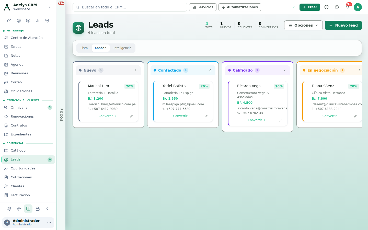 Vista Kanban de Leads con las columnas Nuevo, Contactado, Calificado y En negociación, cada una con una tarjeta: Marisol Him B/. 3,200, Yeriel Batista B/. 1,850, Ricardo Vega B/. 4,500 y Diana Sáenz B/. 7,800, todas con su porcentaje y el enlace Convertir