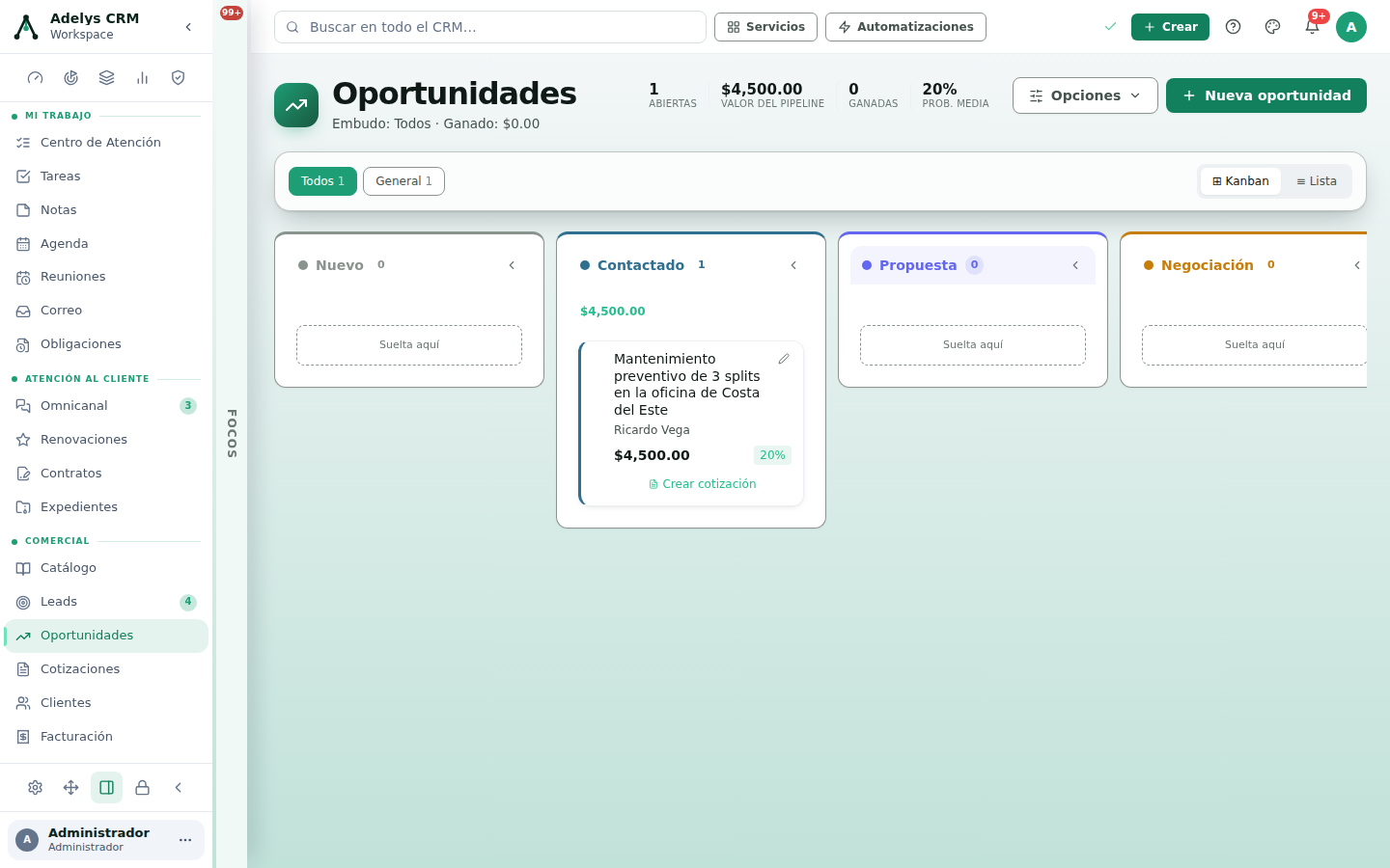 Kanban de Oportunidades con una tarjeta en la columna Contactado titulada «Mantenimiento preventivo de 3 splits en la oficina de Costa del Este», cliente Ricardo Vega, valor 4,500.00 y 20 % de probabilidad