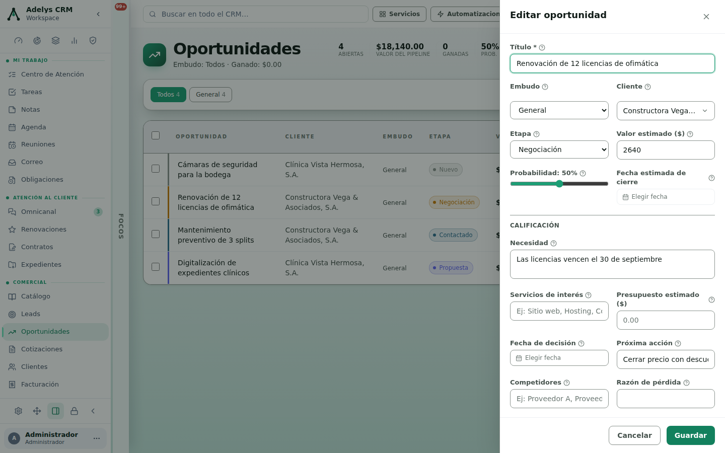 Panel Editar oportunidad de «Renovación de 12 licencias de ofimática» con el desplegable Etapa en Negociación, valor estimado 2640, necesidad «Las licencias vencen el 30 de septiembre» y próxima acción «Cerrar precio con descuento por volumen»