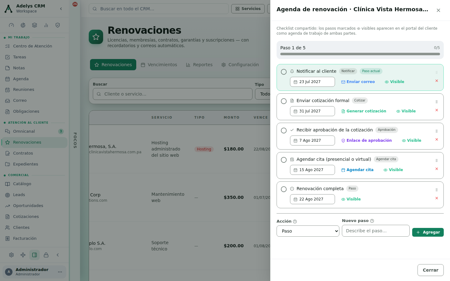 Panel «Agenda de renovación · Clínica Vista Hermosa» con la barra de progreso Paso 1 de 5 (0/5) y los cinco pasos fechados: Notificar al cliente 23 Jul 2027 con Enviar correo, Enviar cotización formal 31 Jul 2027, Recibir aprobación 7 Ago 2027, Agendar cita 15 Ago 2027 y Renovación completa 22 Ago 2027, todos marcados como Visible
