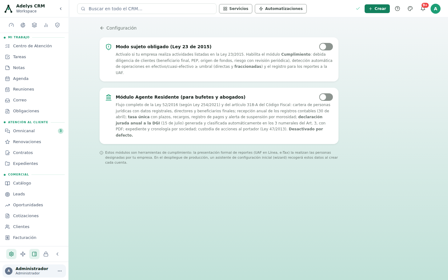 Sección Cumplimiento legal de Configuración con dos tarjetas apagadas: Modo sujeto obligado (Ley 23 de 2015) y Módulo Agente Residente (para bufetes y abogados), cada una con su interruptor y su descripción