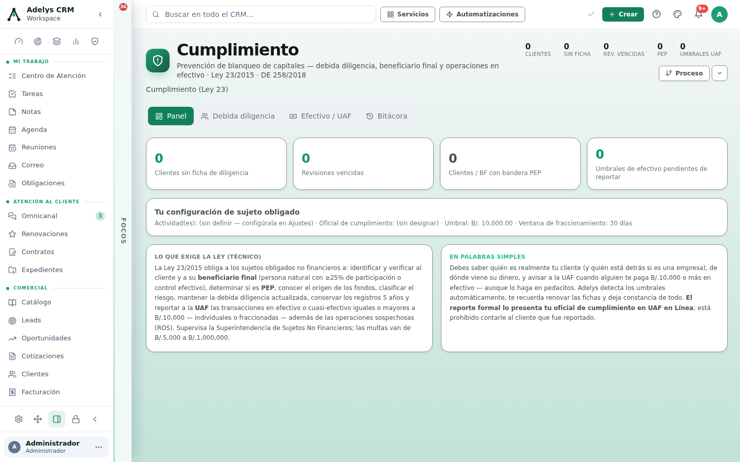 Panel del módulo Cumplimiento activo: cuatro tarjetas con clientes sin ficha, revisiones vencidas, clientes o beneficiarios con bandera PEP y umbrales de efectivo pendientes de reportar; la línea con la configuración de sujeto obligado; y dos bloques de texto con lo que exige la ley y la versión en palabras simples