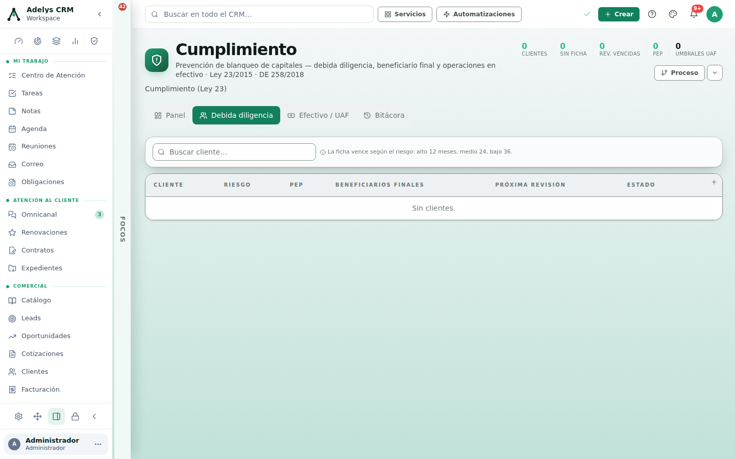 Pestaña Debida diligencia con el buscador de clientes, la nota de que la ficha vence según el riesgo (alto 12 meses, medio 24, bajo 36) y la tabla con las columnas Cliente, Riesgo, PEP, Beneficiarios finales, Próxima revisión y Estado, todavía sin clientes cargados