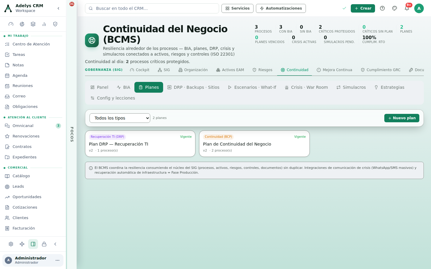 Pestaña Planes con el filtro Todos los tipos, el contador de 2 planes, el botón Nuevo plan y dos tarjetas: Plan DRP — Recuperación TI, tipo Recuperación TI (DRP), versión 2, vigente, 1 proceso; y Plan de Continuidad del Negocio, tipo Continuidad (BCP), versión 2, vigente, 2 procesos