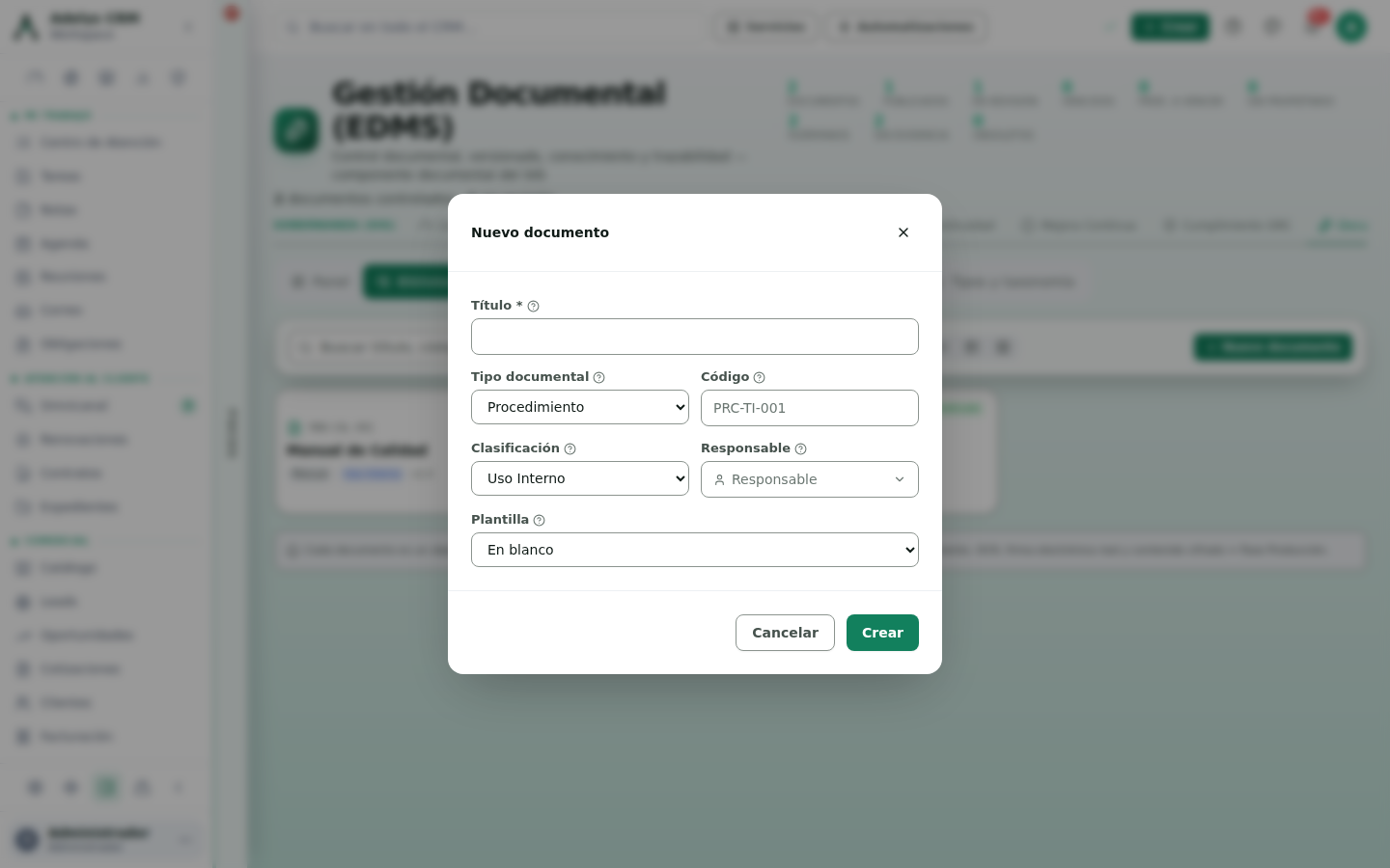 Ventana Nuevo documento con los campos Título obligatorio, Tipo documental en Procedimiento, Código con el ejemplo PRC-TI-001, Clasificación en Uso Interno, selector de Responsable y selector de Plantilla en blanco, con los botones Cancelar y Crear