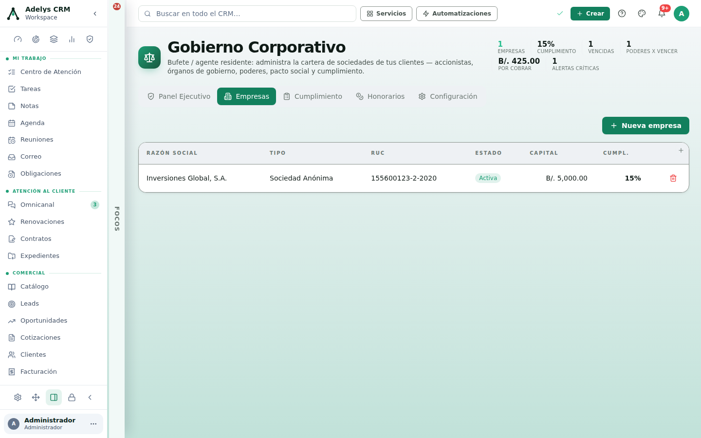 Pestaña Empresas con el botón Nueva empresa y la tabla de sociedades: Inversiones Global, S.A., Sociedad Anónima, RUC 155600123-2-2020, estado Activa, capital B/. 5,000.00 y 15 % de cumplimiento
