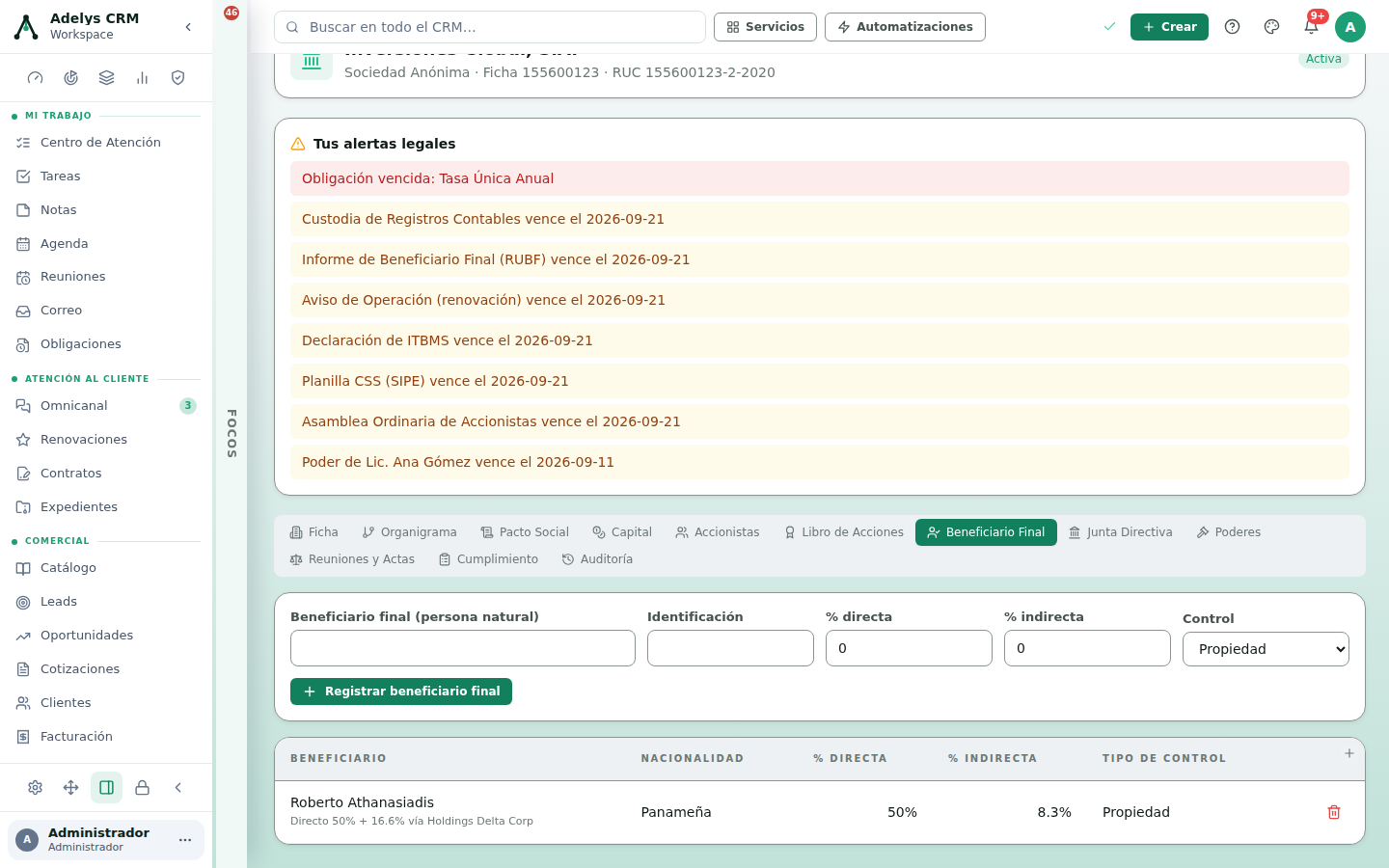 Pestaña Beneficiario Final con el formulario de nombre, identificación, porcentaje directo, porcentaje indirecto y tipo de control, el botón Registrar beneficiario final, y la tabla con Roberto Athanasiadis, nacionalidad panameña, 50 % directa, 8.3 % indirecta y control por propiedad, con la nota de que es directo 50 % más 16.6 % vía Holdings Delta Corp