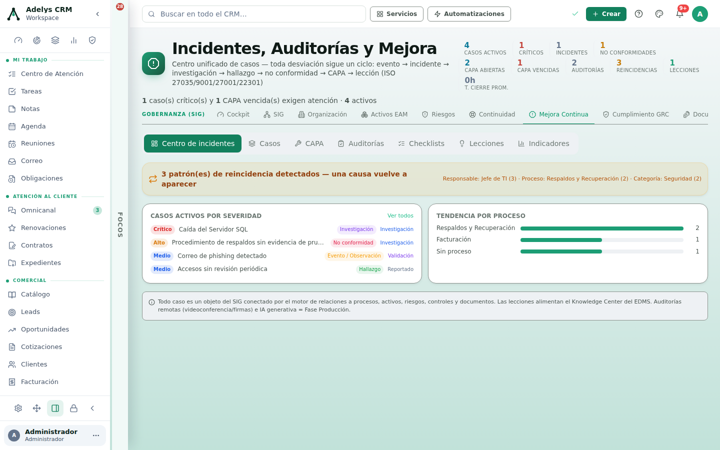 Centro de incidentes del módulo Incidentes, Auditorías y Mejora: cifras de casos activos, críticos, incidentes, no conformidades, CAPA abiertas y vencidas, auditorías, reincidencias y lecciones; franja de patrones de reincidencia detectados con responsable, proceso y categoría; lista de casos activos por severidad con su naturaleza y etapa; y tendencia por proceso