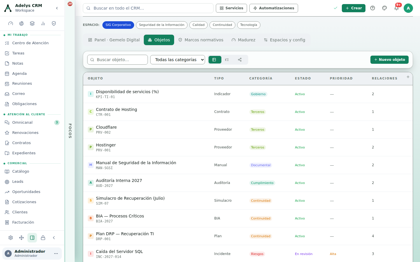 Pestaña Objetos del SIG: tabla con Disponibilidad de servicios (indicador), Contrato de Hosting, Cloudflare y Hostinger (proveedores), Manual de Seguridad, Auditoría Interna 2027, un simulacro, un BIA, un plan DRP y el incidente Caída del Servidor SQL, con su tipo, categoría, estado y número de relaciones