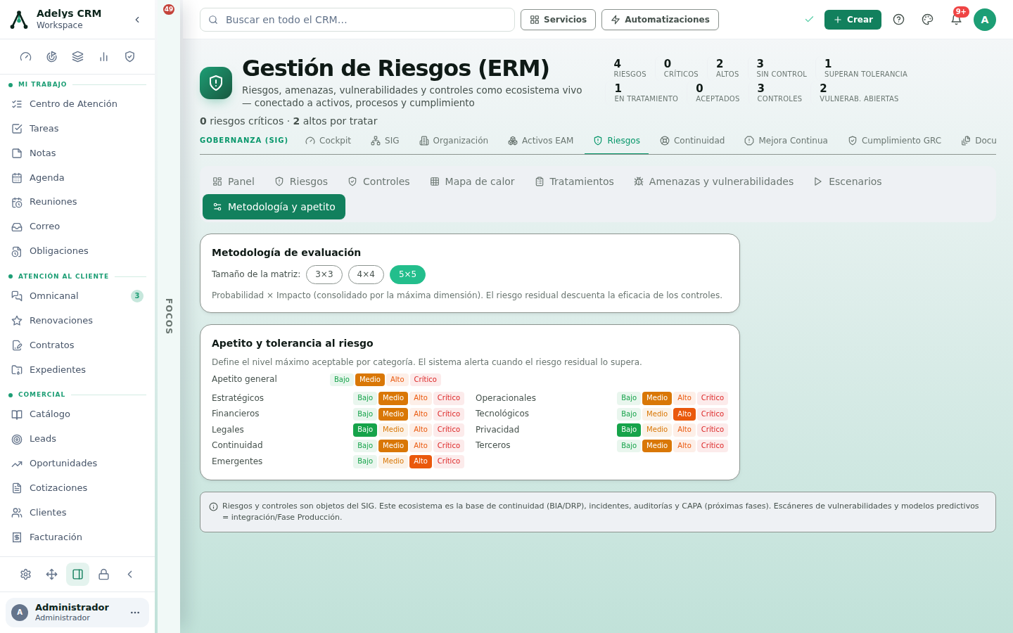 Pestaña Metodología y apetito: selector de tamaño de matriz 3x3, 4x4 y 5x5 con 5x5 activo, y debajo la tabla de apetito y tolerancia con el nivel máximo aceptable (Bajo, Medio, Alto, Crítico) elegido por cada categoría de riesgo