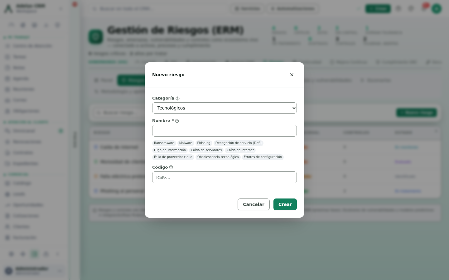 Ventana Nuevo riesgo con el selector de categoría en Tecnológicos, el campo Nombre vacío, una fila de sugerencias (Ransomware, Malware, Phishing, DoS, Fuga de información, Caída de servidores…), el campo Código con formato RSK- y los botones Cancelar y Crear