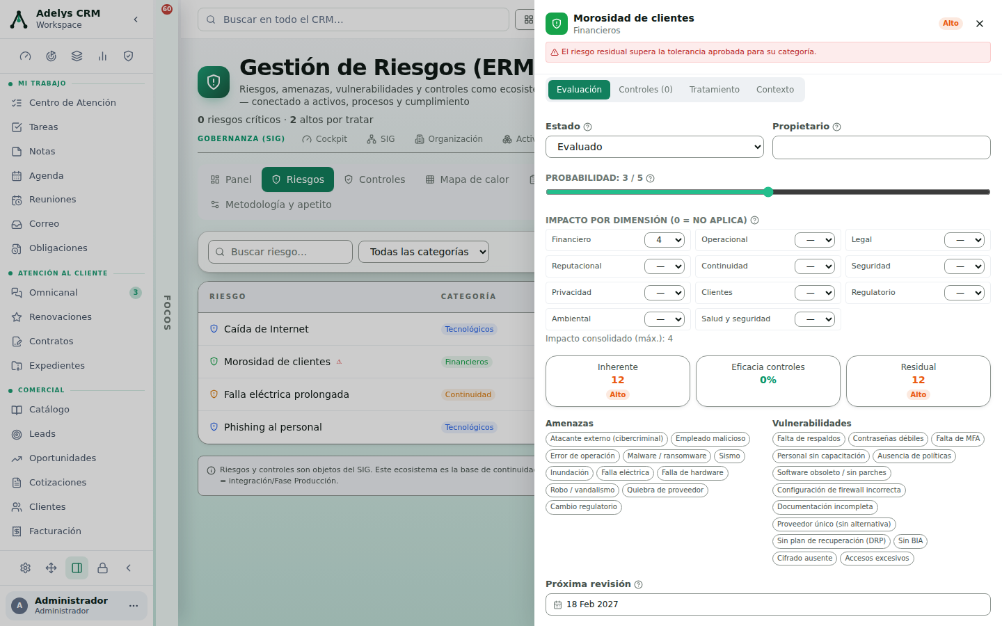 Ficha del riesgo Morosidad de clientes con el aviso de que el residual supera la tolerancia; pestañas Evaluación, Controles, Tratamiento y Contexto; deslizador de probabilidad en 3 de 5; impacto por dimensión con Financiero en 4 y el resto en guion; cajas Inherente 12 Alto, Eficacia controles 0% y Residual 12 Alto; y listas de amenazas y vulnerabilidades