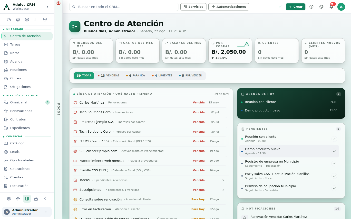 Centro de Atención completo: seis tarjetas de métricas (Ingresos, Gastos, Balance del mes, Por cobrar B/. 2,050.00, Clientes y Clientes nuevos), la barra de filtros TODAS / VENCIDAS / PARA HOY / URGENTES / POR VENCER, la Línea de atención con renglones de Renovaciones, Ingresos por cobrar, Calendario fiscal y Activos digitales, y a la derecha Agenda de hoy, Pendientes y Notificaciones.