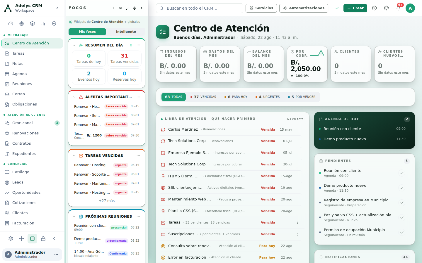 Centro de Atención con el panel FOCOS desplegado a la izquierda: pestañas Mis focos e Inteligente, widget Resumen del día con las cifras de tareas de hoy, tareas vencidas, eventos y reservas, y debajo Alertas importantes, Tareas vencidas y Próximas reuniones.