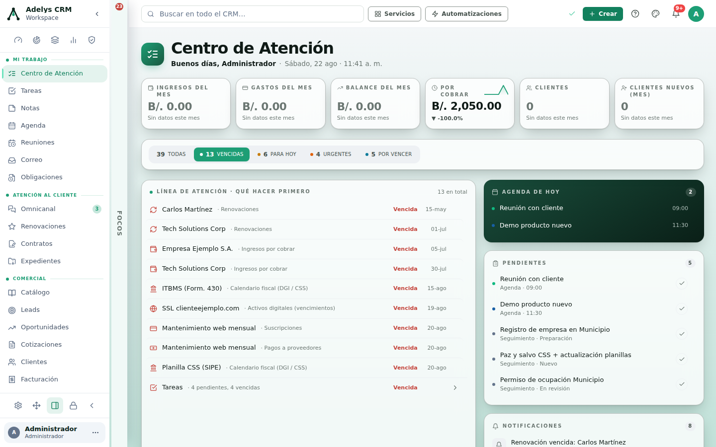 Centro de Atención con el filtro VENCIDAS activo: el segmento aparece resaltado con 13 y la Línea de atención muestra únicamente los trece renglones vencidos, con el rótulo «13 en total» a la derecha del encabezado.