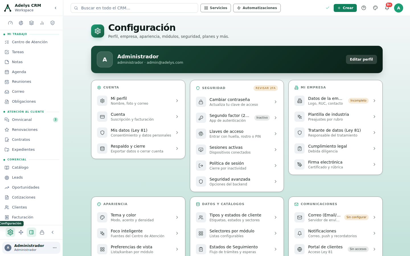 Pantalla de Configuración de Adelys: tarjeta con el usuario y el botón Editar perfil, y debajo los grupos CUENTA (Mi perfil, Cuenta, Mis datos Ley 81, Respaldo y cierre), SEGURIDAD con la insignia Revisar 2FA, MI EMPRESA con Datos de la empresa marcado Incompleto, APARIENCIA, DATOS Y CATÁLOGOS y COMUNICACIONES.