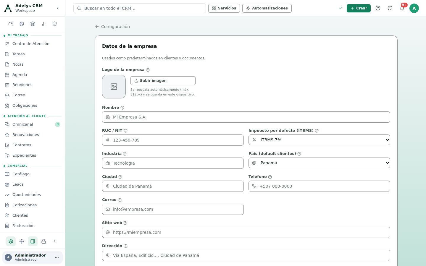 Formulario Datos de la empresa: recuadro para el logo con el botón Subir imagen y los campos Nombre, RUC / NIT, Impuesto por defecto (ITBMS 7%), Industria, País (Panamá), Ciudad, Teléfono, Correo, Sitio web y Dirección, cada uno con su ícono y su tooltip.