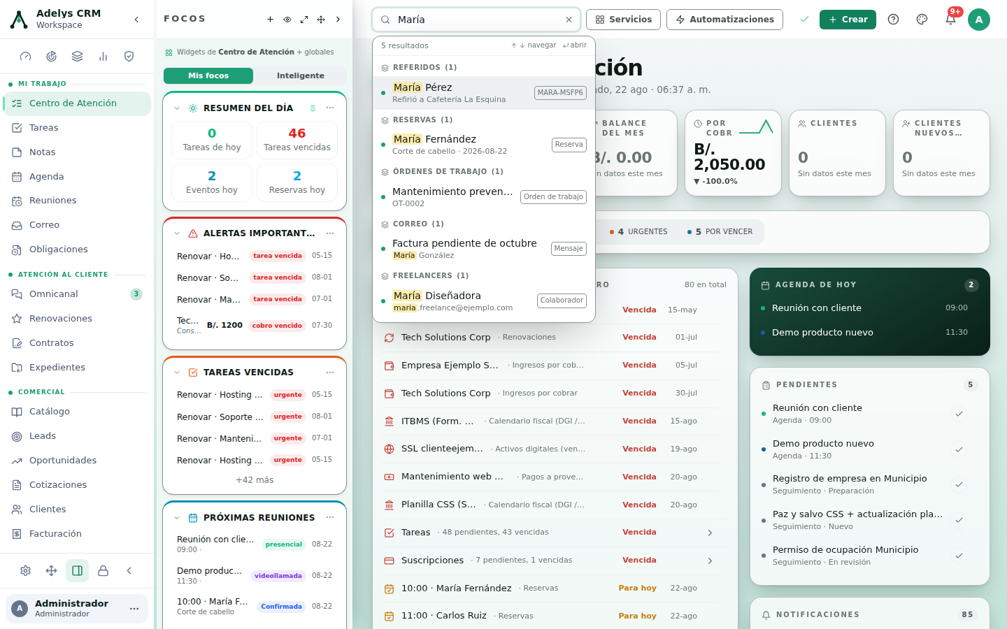 Buscador abierto con el texto «María»: 5 resultados agrupados en REFERIDOS, RESERVAS, ÓRDENES DE TRABAJO, CORREO y FREELANCERS, cada uno con una etiqueta del tipo de registro y la ayuda «↑↓ navegar · ↵ abrir».
