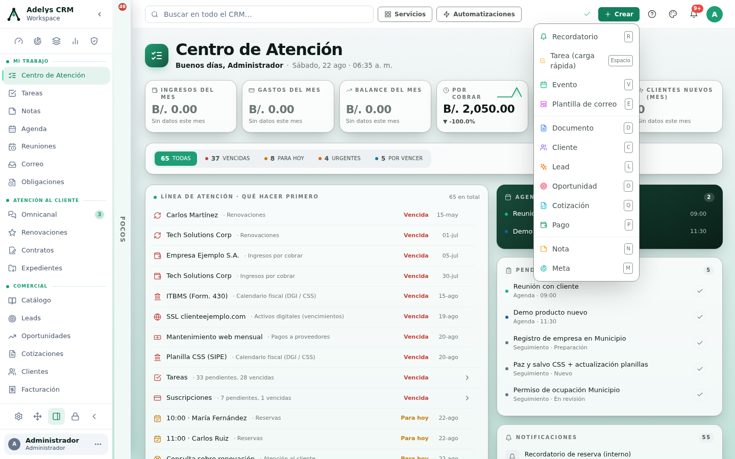 Menú del botón + Crear desplegado sobre el Centro de Atención, con las opciones Recordatorio (R), Tarea de carga rápida (Espacio), Evento (V), Plantilla de correo (E), Documento (D), Cliente (C), Lead (L), Oportunidad (O), Cotización (Q), Pago (P), Nota (N) y Meta (M).
