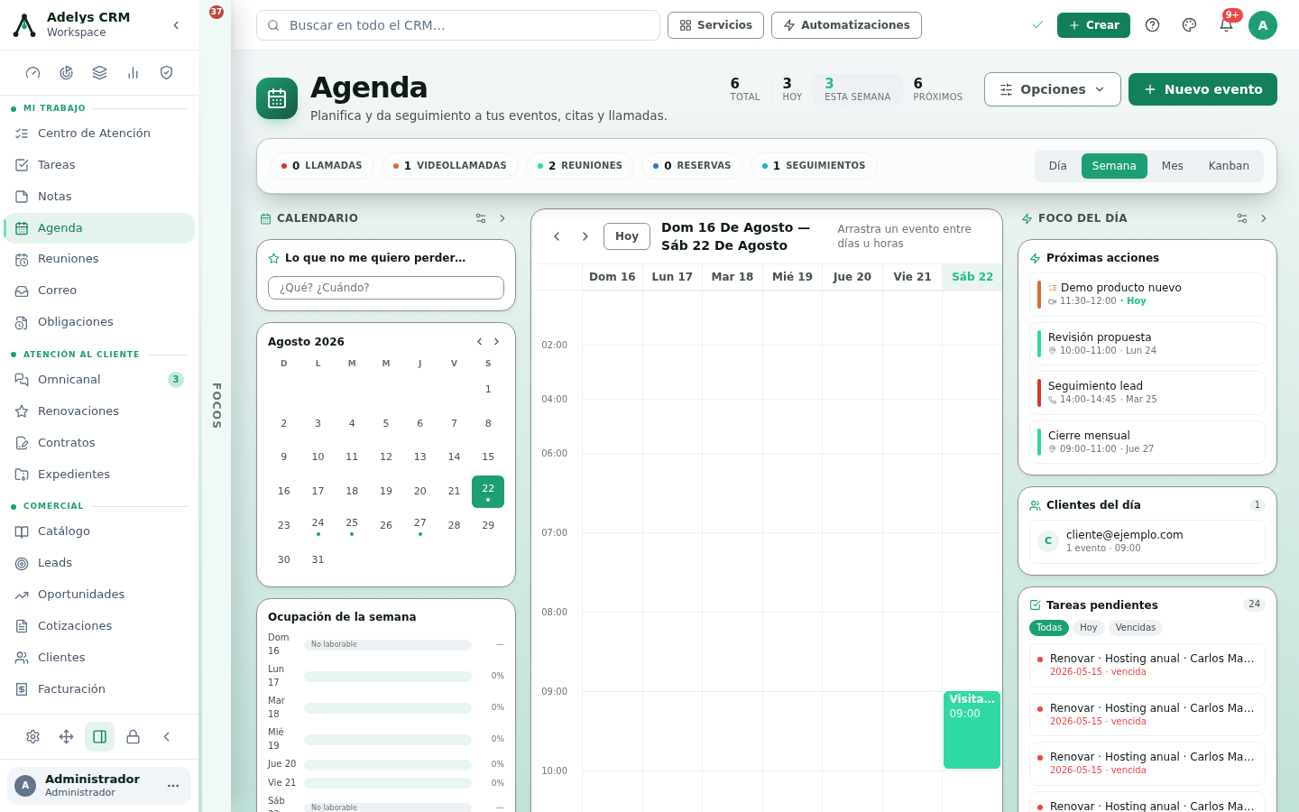 Vista Semana de la Agenda con las columnas de Dom 16 a Sáb 22, el día de hoy resaltado y un evento de 09:00 en el sábado