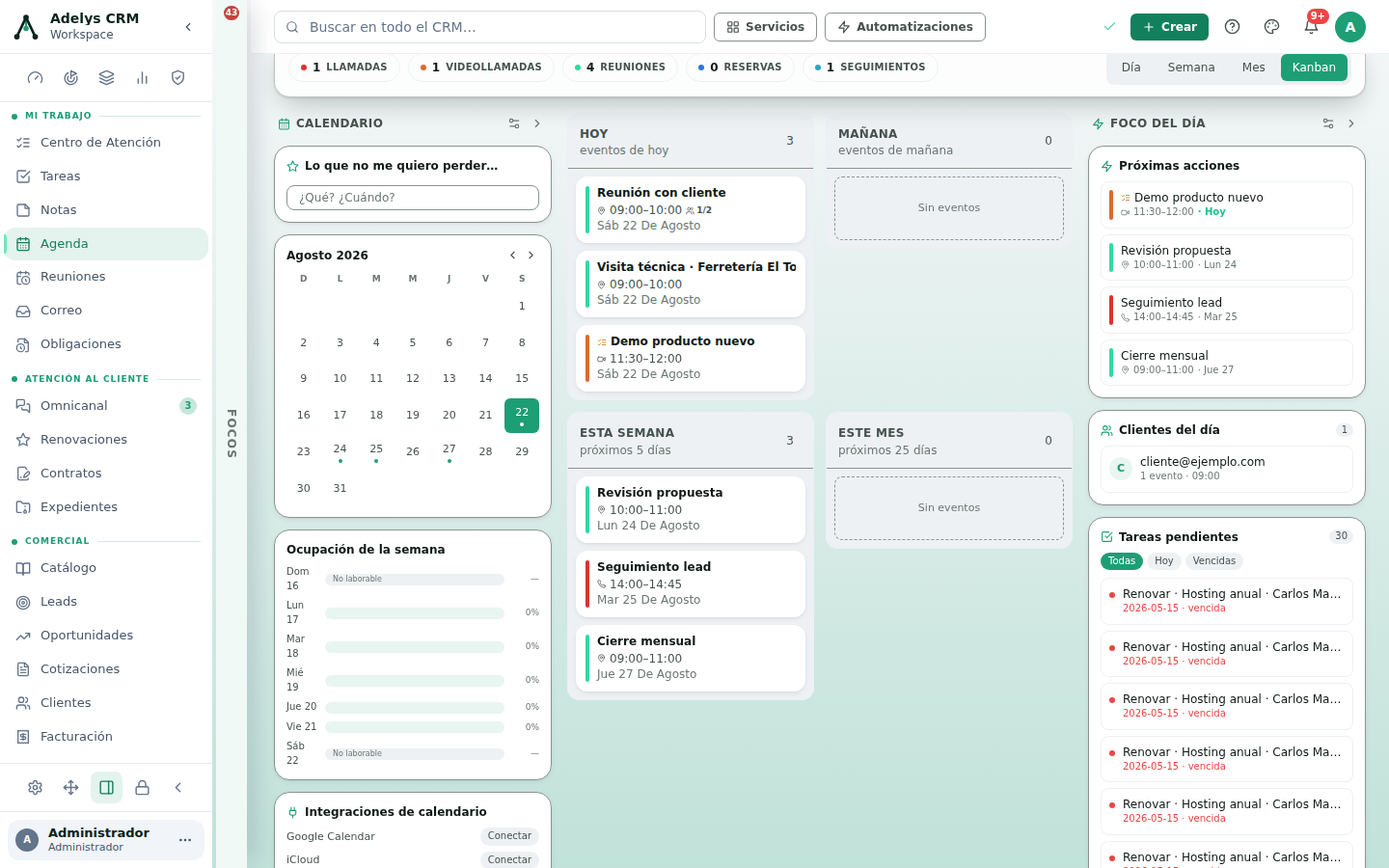 Vista Kanban de la Agenda con los cajones Hoy con 3 eventos, Mañana sin eventos, Esta semana con 3 y Este mes sin eventos