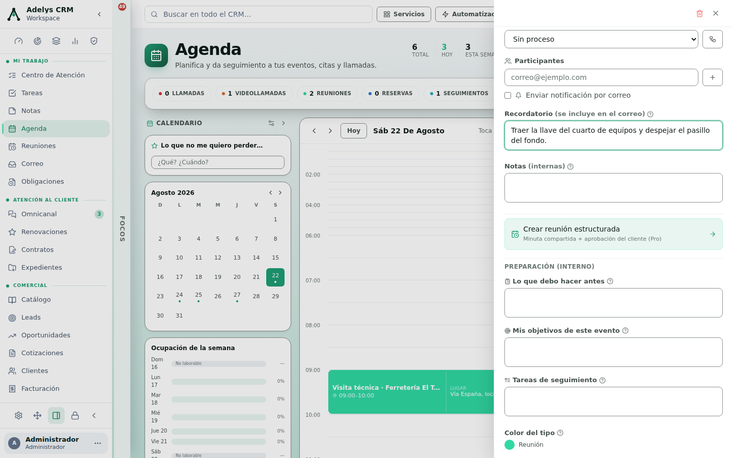 Parte inferior del panel de evento con el Recordatorio lleno, Notas internas vacías, el botón «Crear reunión estructurada» y el bloque Preparación (interno) con los campos Lo que debo hacer antes, Mis objetivos de este evento y Tareas de seguimiento