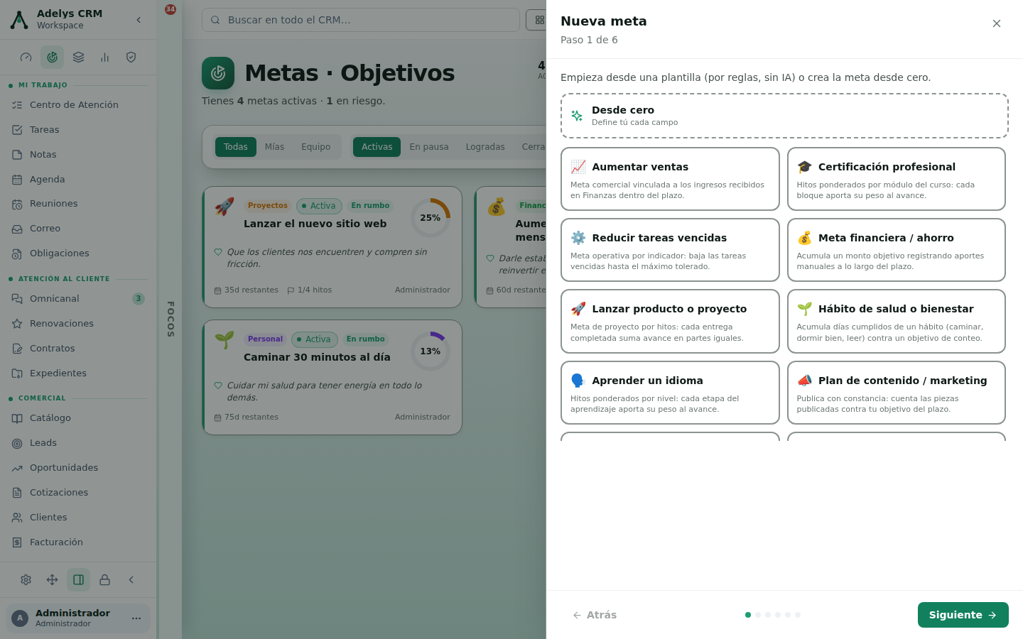 Asistente Nueva meta, paso 1 de 6, con la opción Desde cero arriba y una rejilla de plantillas: Aumentar ventas, Certificación profesional, Reducir tareas vencidas, Meta financiera / ahorro, Lanzar producto o proyecto, Hábito de salud o bienestar