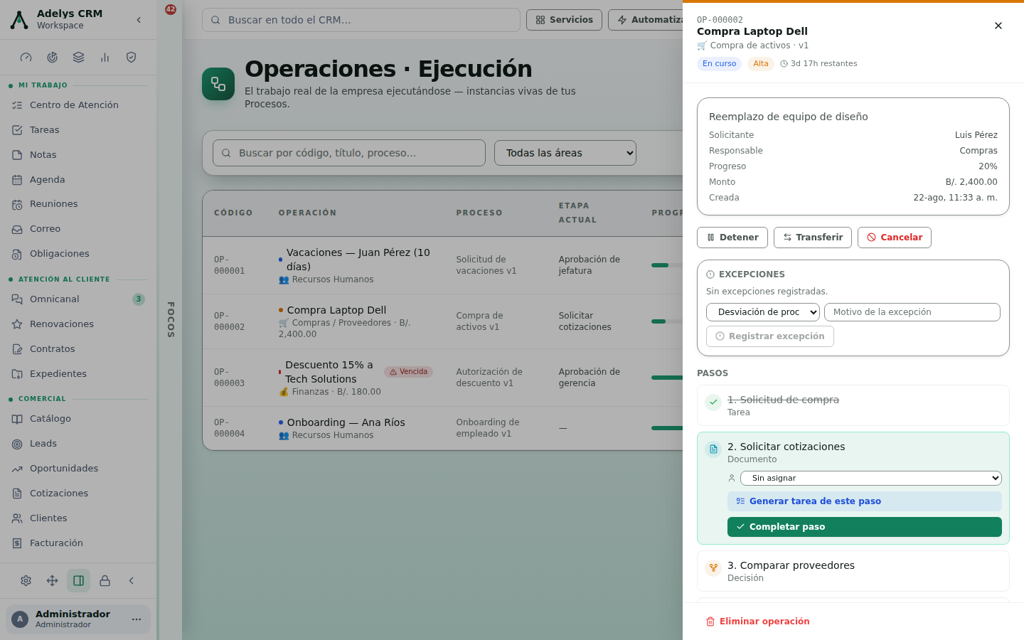 Panel de la operación OP-000002 «Compra Laptop Dell» con solicitante, responsable, progreso 20%, monto B/. 2,400.00, los botones Detener, Transferir y Cancelar, el bloque Excepciones y la lista de pasos con el paso 2 resaltado y sus botones Generar tarea de este paso y Completar paso