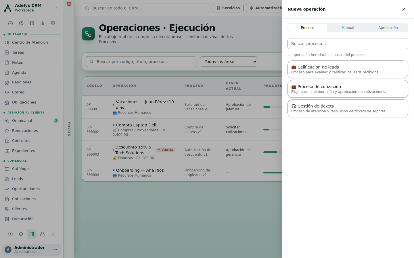 Panel Nueva operación con las pestañas Proceso, Manual y Aprobación; en modo Proceso lista los procesos disponibles: Calificación de leads, Proceso de cotización y Gestión de tickets