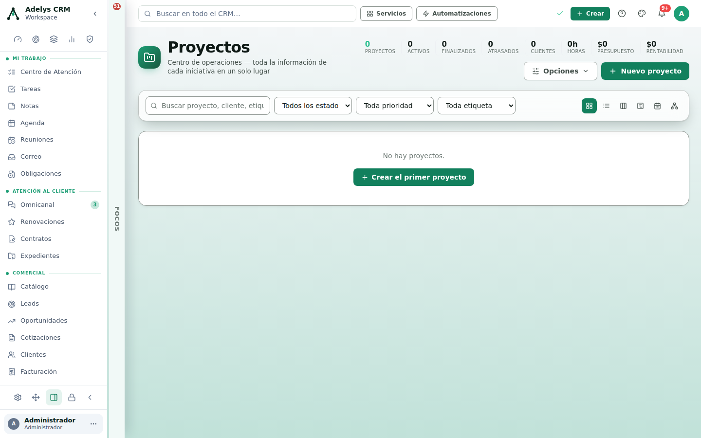 Módulo Proyectos vacío: encabezado con las cifras Proyectos, Activos, Finalizados, Atrasados, Clientes, Horas, Presupuesto y Rentabilidad, la barra de filtros con los seis selectores de vista y el mensaje «No hay proyectos» con el botón Crear el primer proyecto