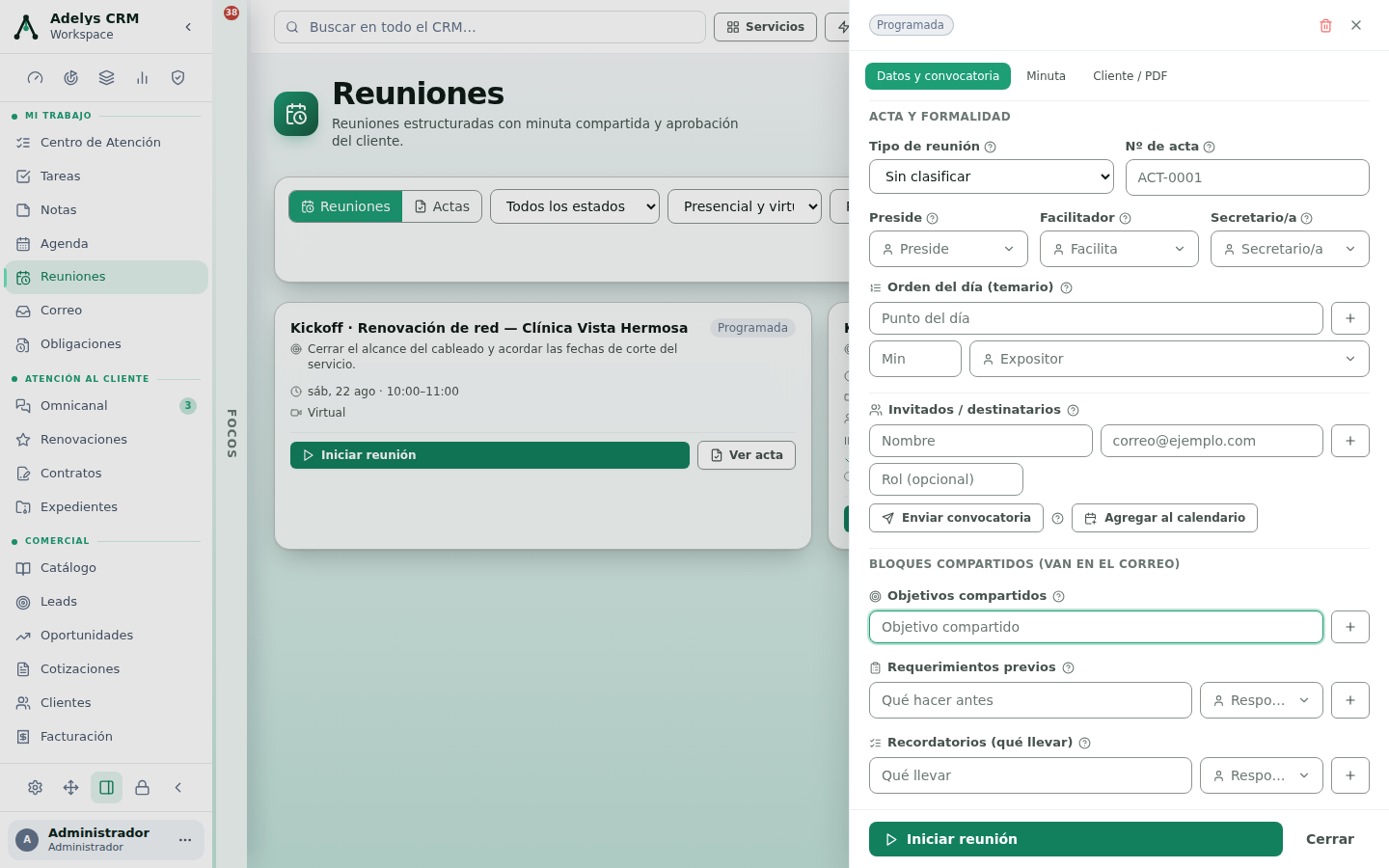 Pestaña Datos y convocatoria mostrando Orden del día con minutos y expositor, Invitados con nombre y correo, los botones Enviar convocatoria y Agregar al calendario, y los bloques compartidos: Objetivos compartidos, Requerimientos previos y Recordatorios