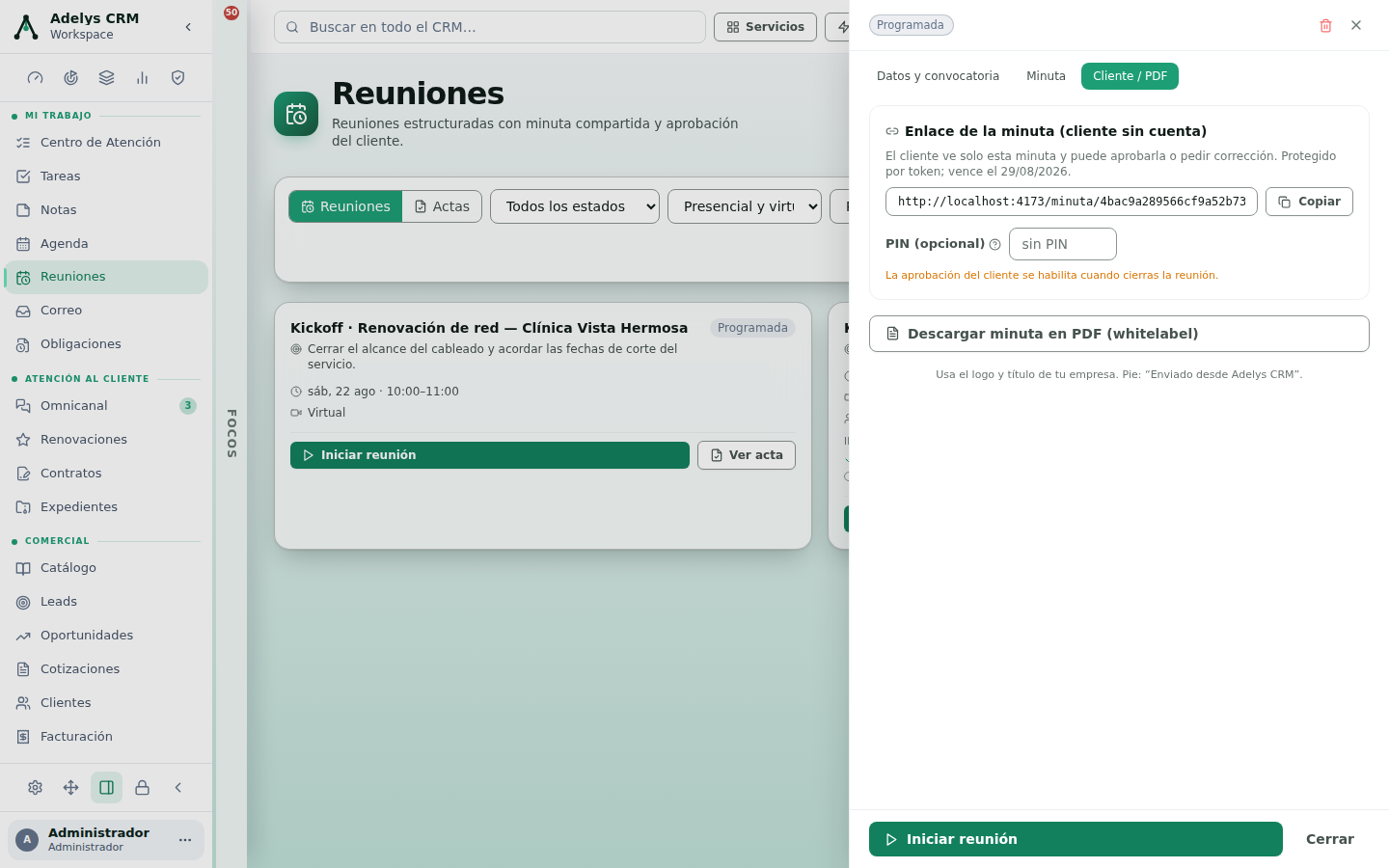 Pestaña Cliente / PDF con el enlace de la minuta para cliente sin cuenta, su fecha de vencimiento, el botón Copiar, el campo PIN opcional, el aviso de que la aprobación se habilita al cerrar la reunión y el botón Descargar minuta en PDF whitelabel