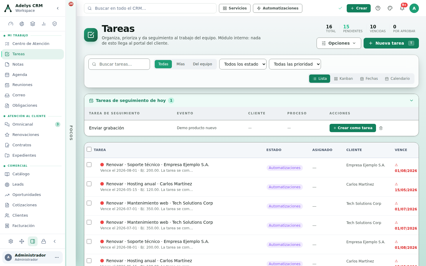 Módulo Tareas en vista Lista: encabezado con las cifras Total, Pendientes, Vencidas y Por aprobar, la barra de filtros y una tabla de tareas con estado, cliente y fecha de vencimiento