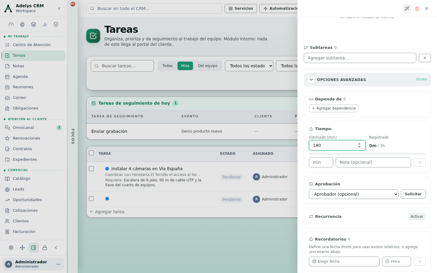 Panel de tarea con Opciones avanzadas desplegado, mostrando Depende de, Tiempo con estimado de 180 minutos y 0m registrados, Aprobación con selector de aprobador, Recurrencia y Recordatorios