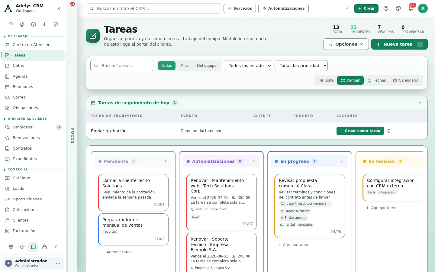 Vista Kanban de Tareas con las columnas Pendiente, Automatizaciones, En progreso y En revisión, cada una con su contador y tarjetas de tarea con etiquetas y fecha