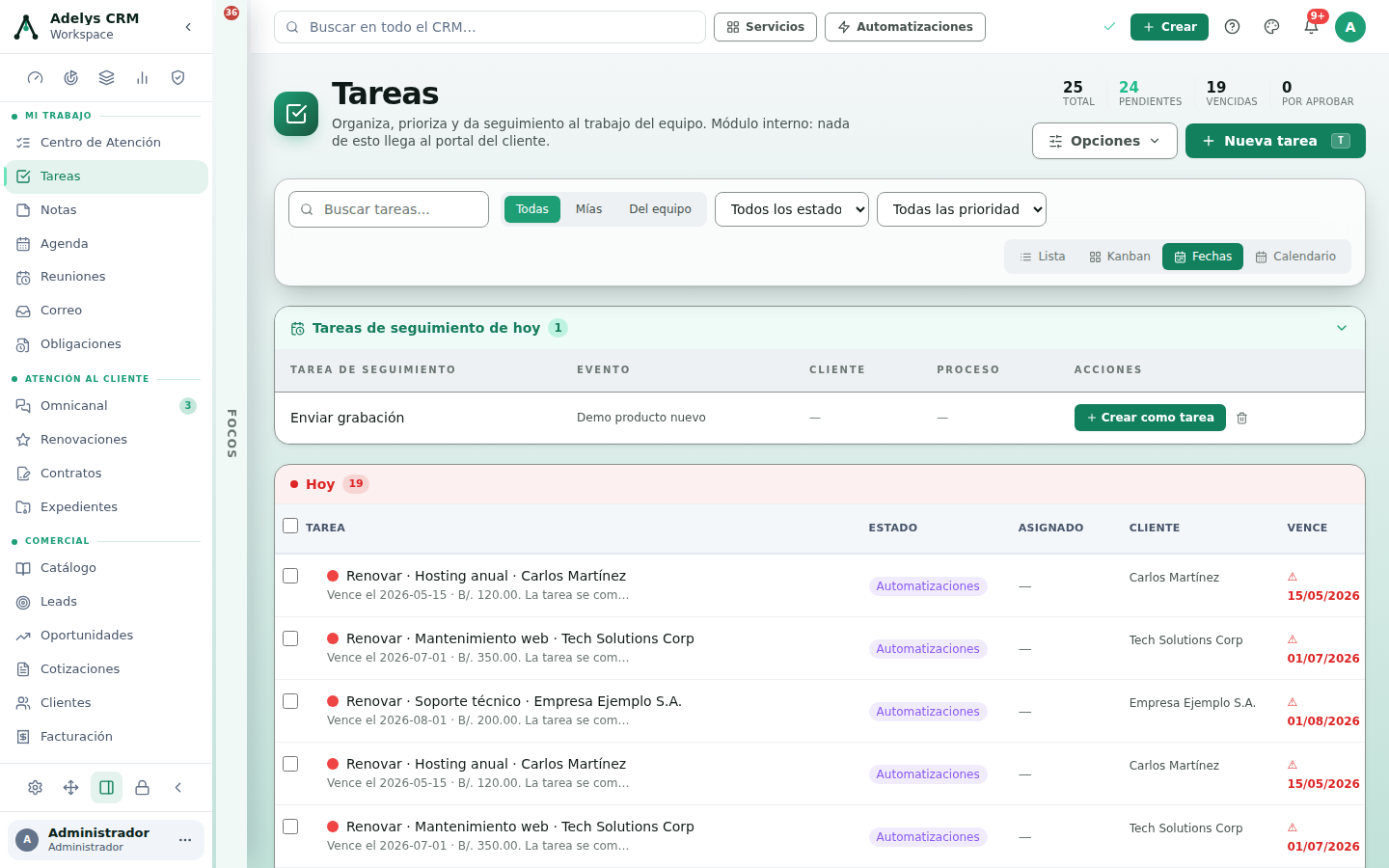 Vista Fechas de Tareas con el grupo «Hoy» abierto mostrando 19 tareas en una tabla con estado, cliente y fecha de vencimiento en rojo